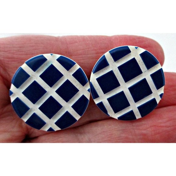 Vintage Button Earrings Blue White Check 80's Jewelry - Picture 2 of 4